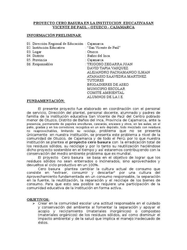 Proyecto Cero Basura en San Vicente Paul | PDF | Impacto humano en el ...