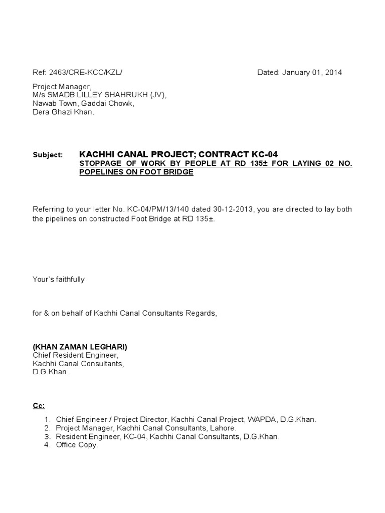 Kachhi Canal Project Work Stoppage Notice | PDF