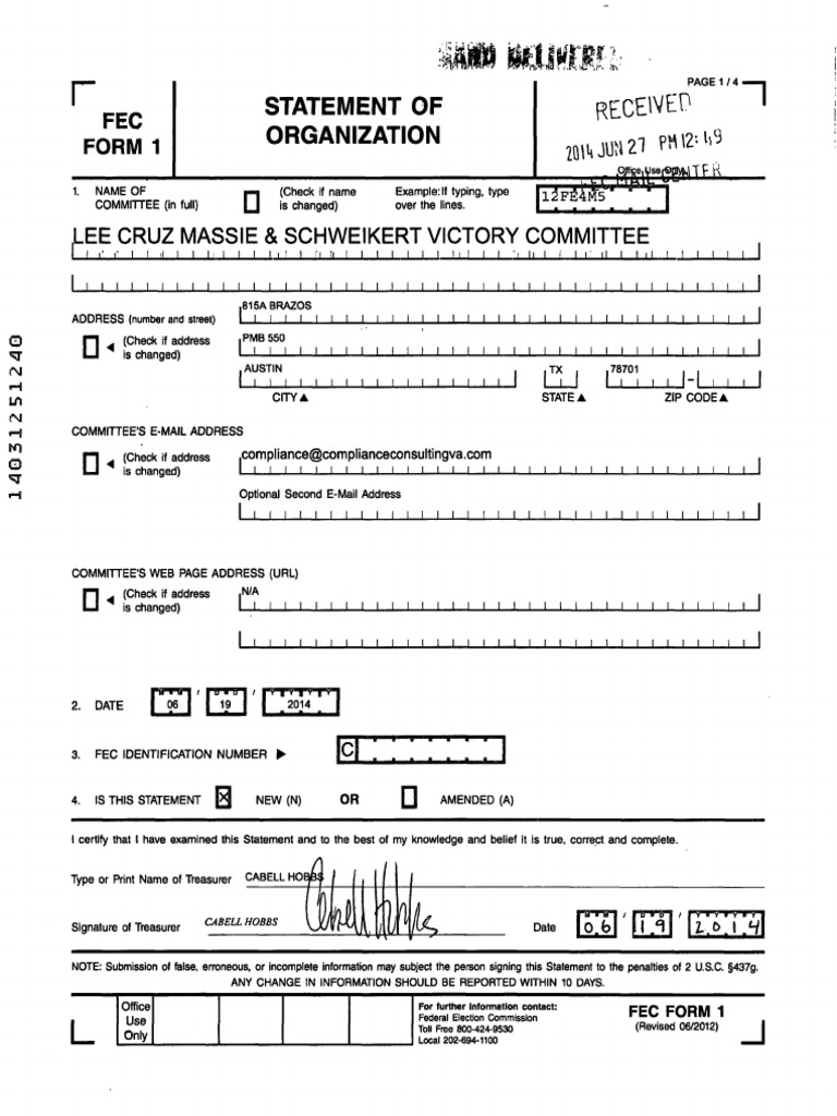 FEC Form 1: Committee Organization Statement | PDF | Political Action ...
