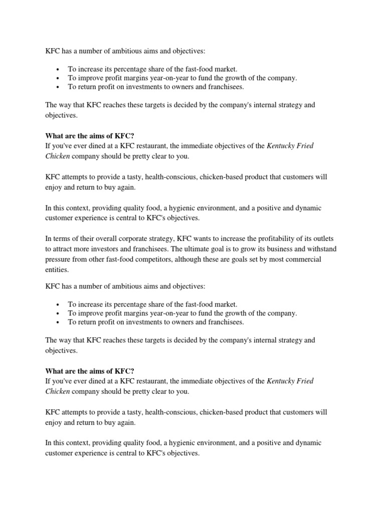 KFC Objectives PDF Fast Food Restaurants Business Economics