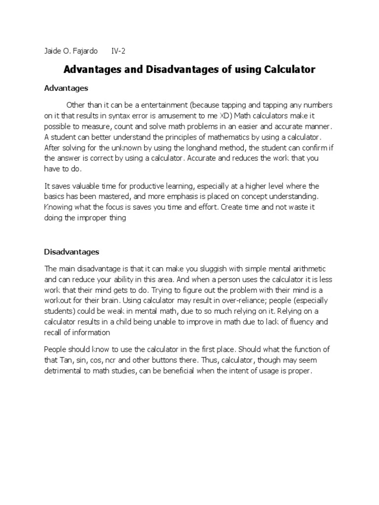Calculator Use: Pros and Cons | PDF