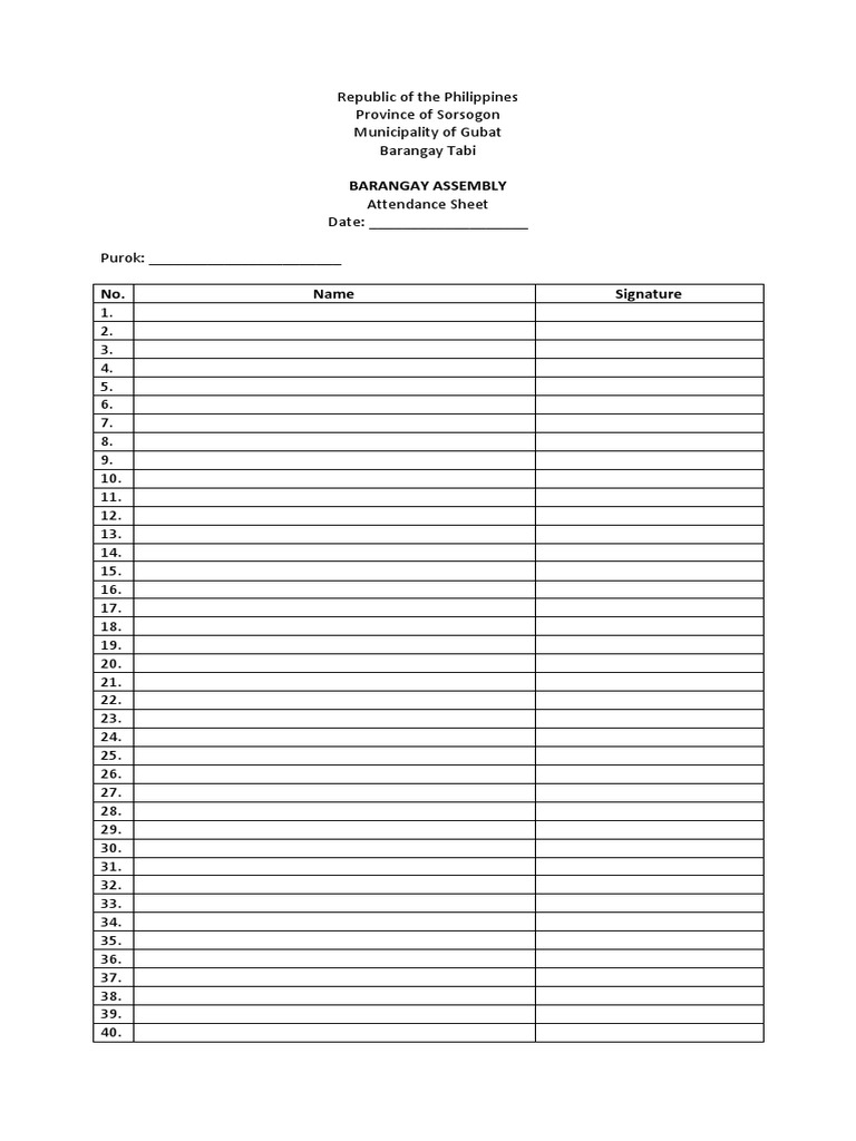 Attendance Sheet For Barangay Assembly PDF
