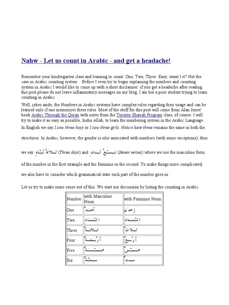 Arabic Counting for Beginners | PDF | Grammatical Gender | Grammatical ...