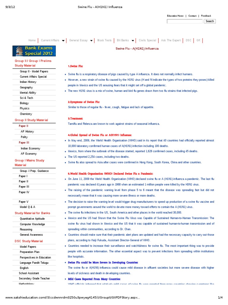 Swine Flu - A (H1N1) Influenza | PDF | Influenza A Virus Subtype H1 N1 ...