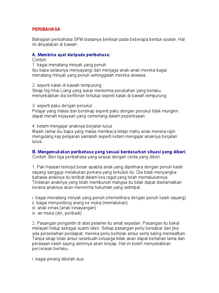 Peribahasa Dan Contoh Latihan Untuk Sekolah Menengah