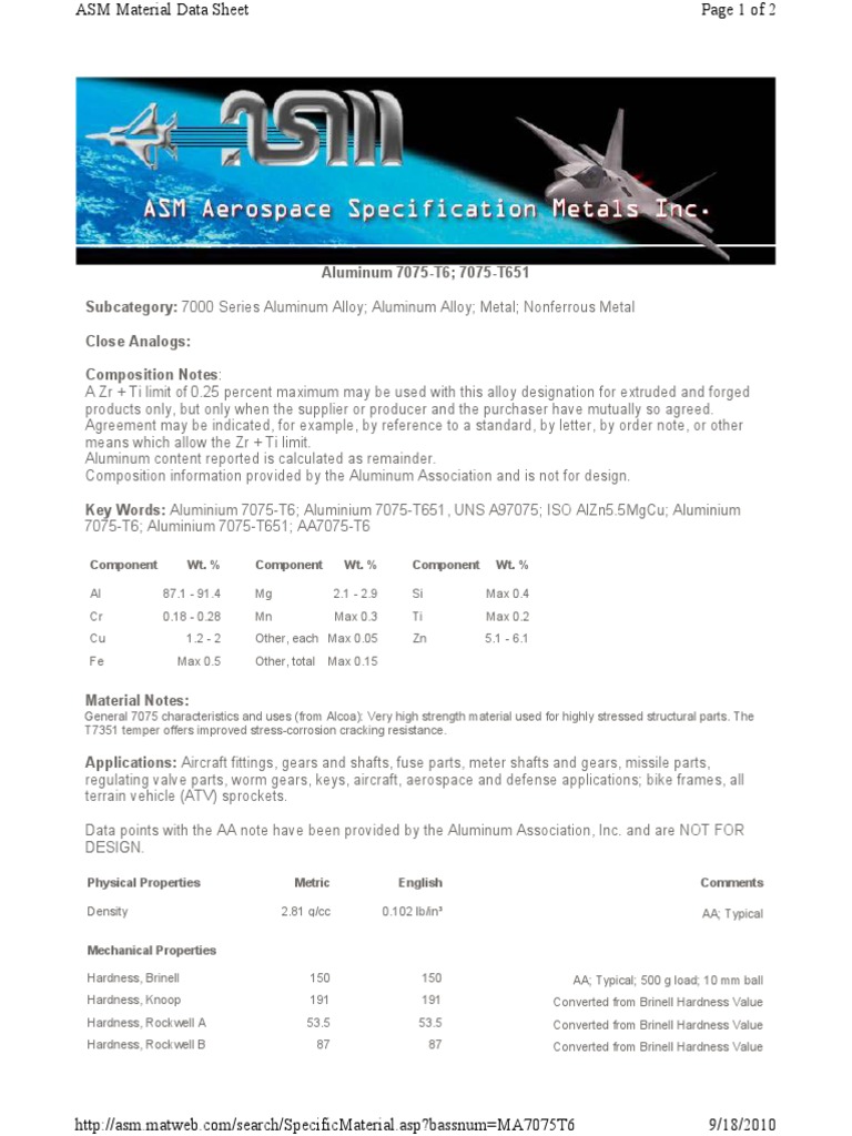Properties of Aluminum 7075-T6/T651 | PDF | Ultimate Tensile Strength ...