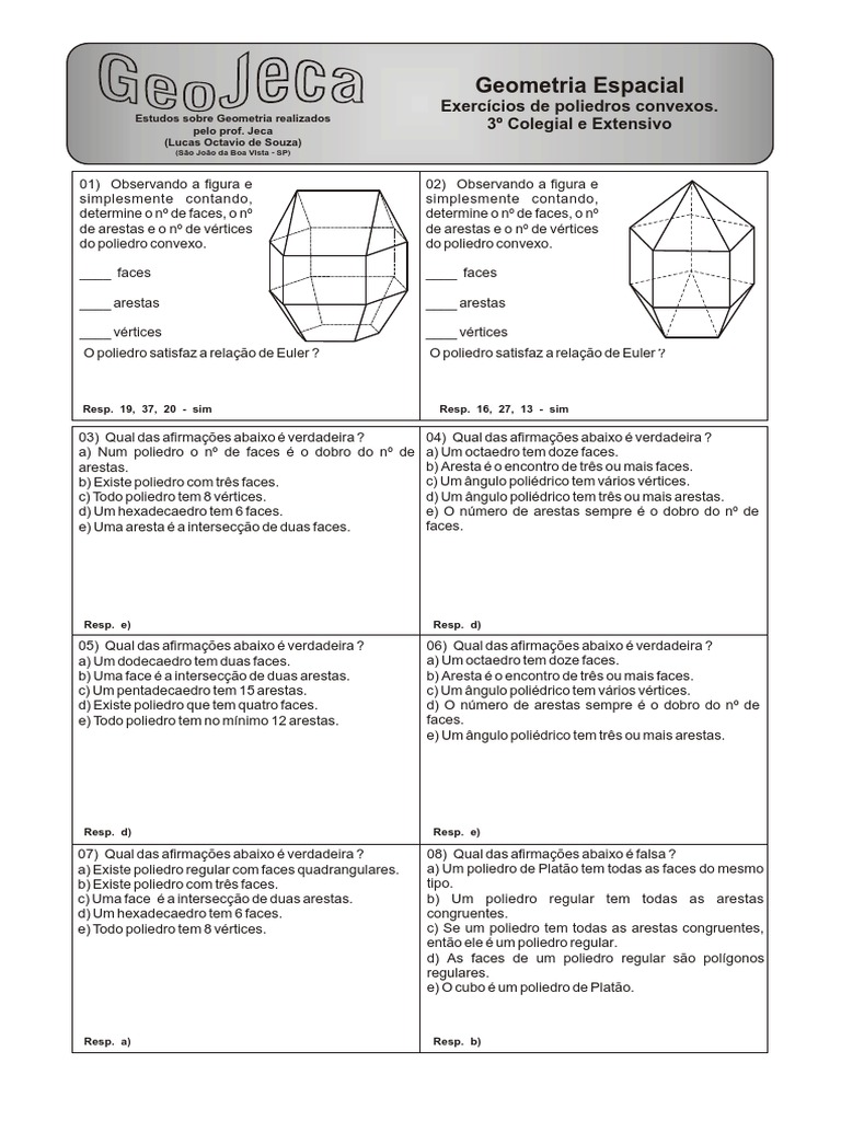 Exercícios sobre Poliedros Convexos | PDF | Vértice (teoria dos ...