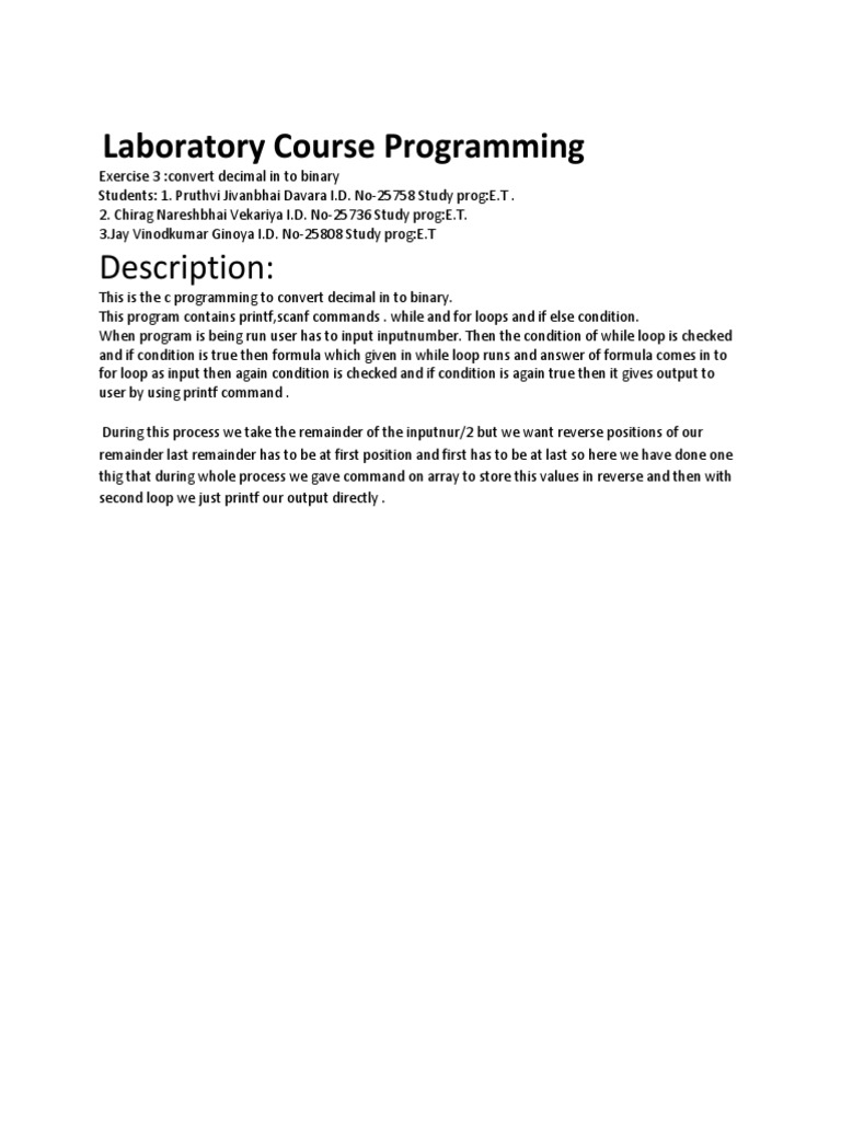 Decimal to Binary Conversion in C | PDF