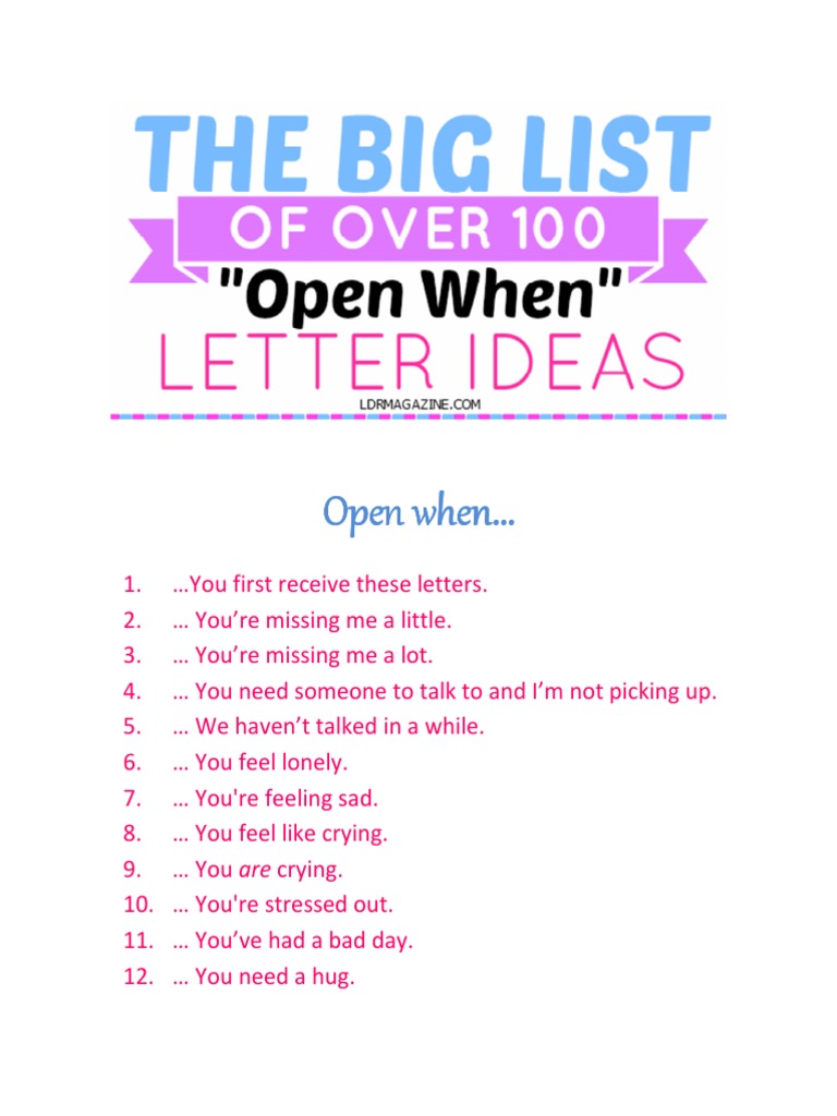 101 Open When Letter Ideas | PDF for Free Printable Open When Printables