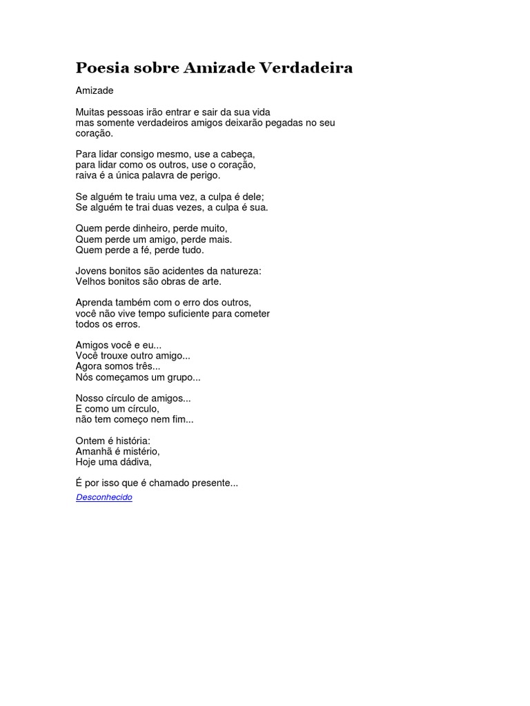 Poesia sobre Amizade Verdadeira | PDF, image size:768x1024