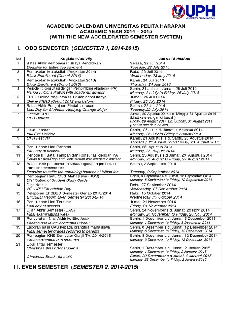 Academic Calendar For UPH PDF Academic Term Educational Institutions