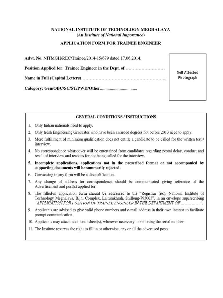 NIT Meghalaya Trainee Engineer Application Form | PDF | Government ...