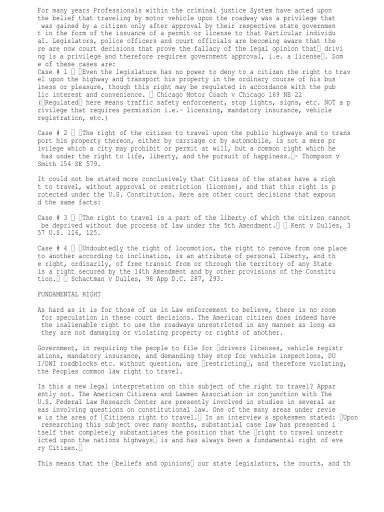 Right to Travel Freedom Of Movement United States Constitution