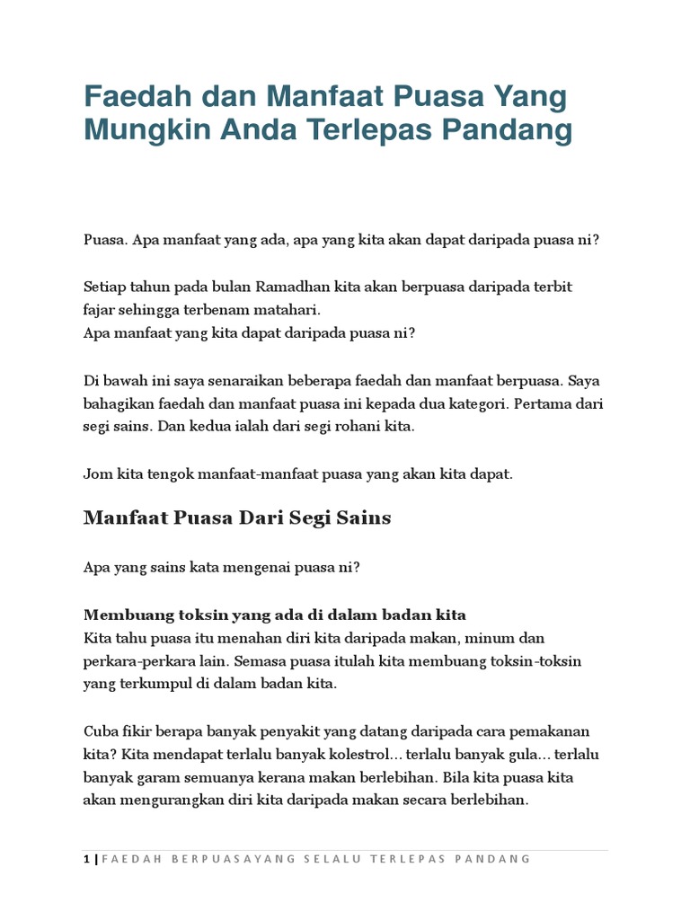 Faedah Dan Manfaat Puasa Yang Mungkin Anda Terlepas Pandang Pdf