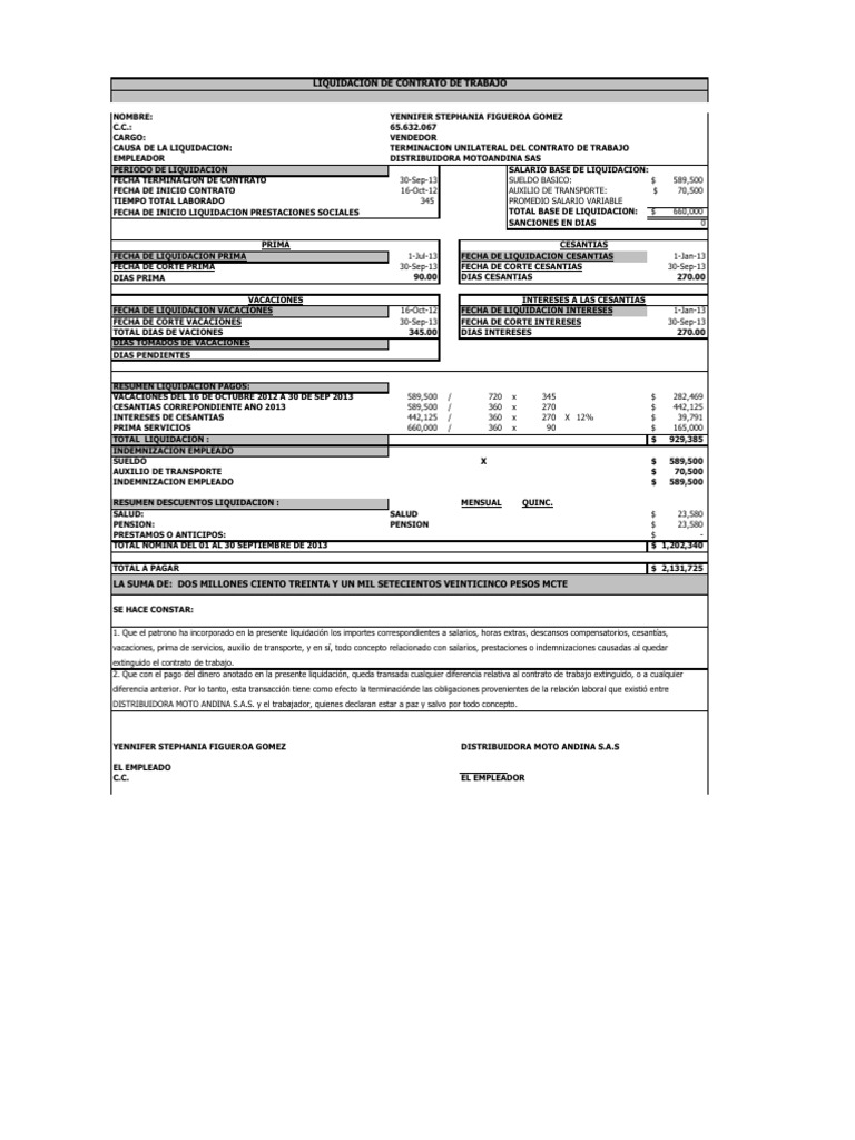 Formatos De Liquidacion Pdf Salario Derecho Laboral