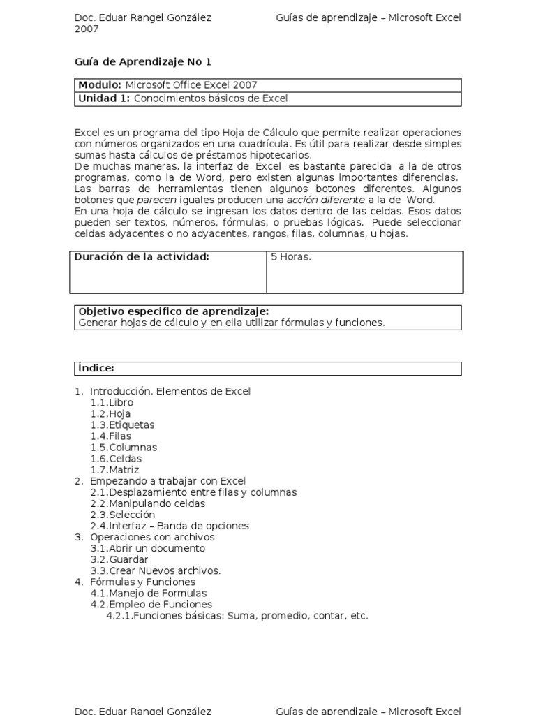 Guía de Aprendizaje Excel | PDF | Microsoft Excel | Hoja de cálculo