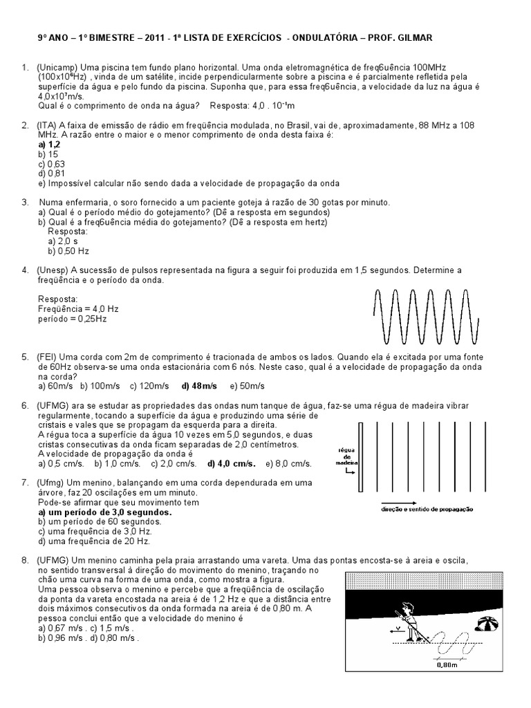 Lista de Exercícios sobre Ondulatória com Questões sobre Comprimento de ...