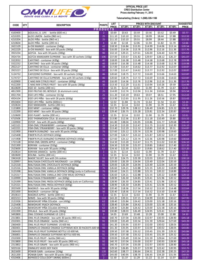 Omnilife USA Price List PDF Drink Foods