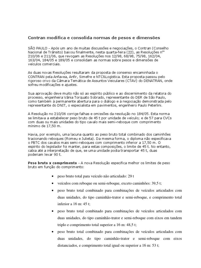 Resoluções CONTRAN 210 211 Pesos Dim 30 11 06 | PDF | Tráfego | Veículos