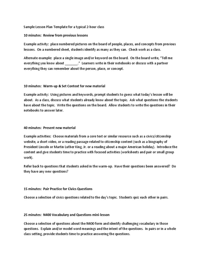 2 Hour Class Lesson Plan Template 2 Lesson Plan Linguistics Free