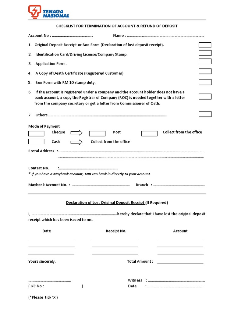 TNB Account Termination Checklist | PDF | Receipt | Cheque