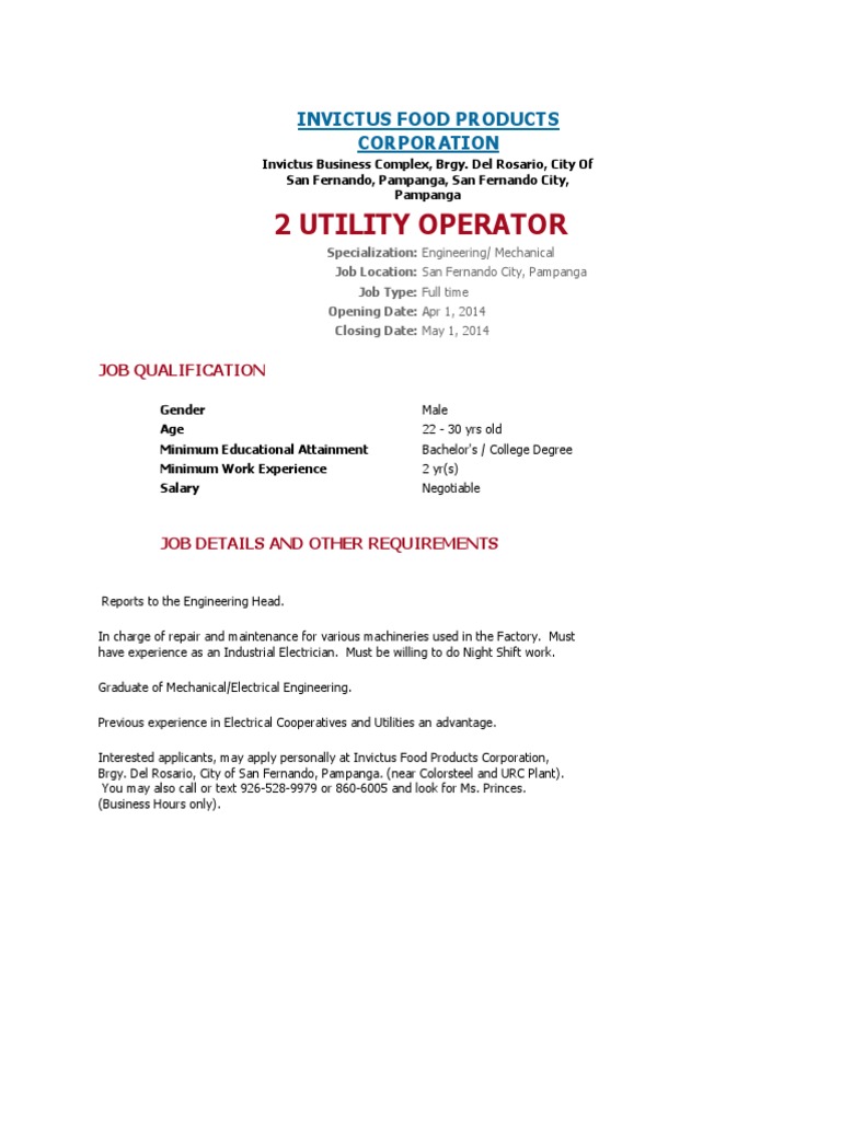 Utility Operator Job in San Fernando City PDF Economies Business