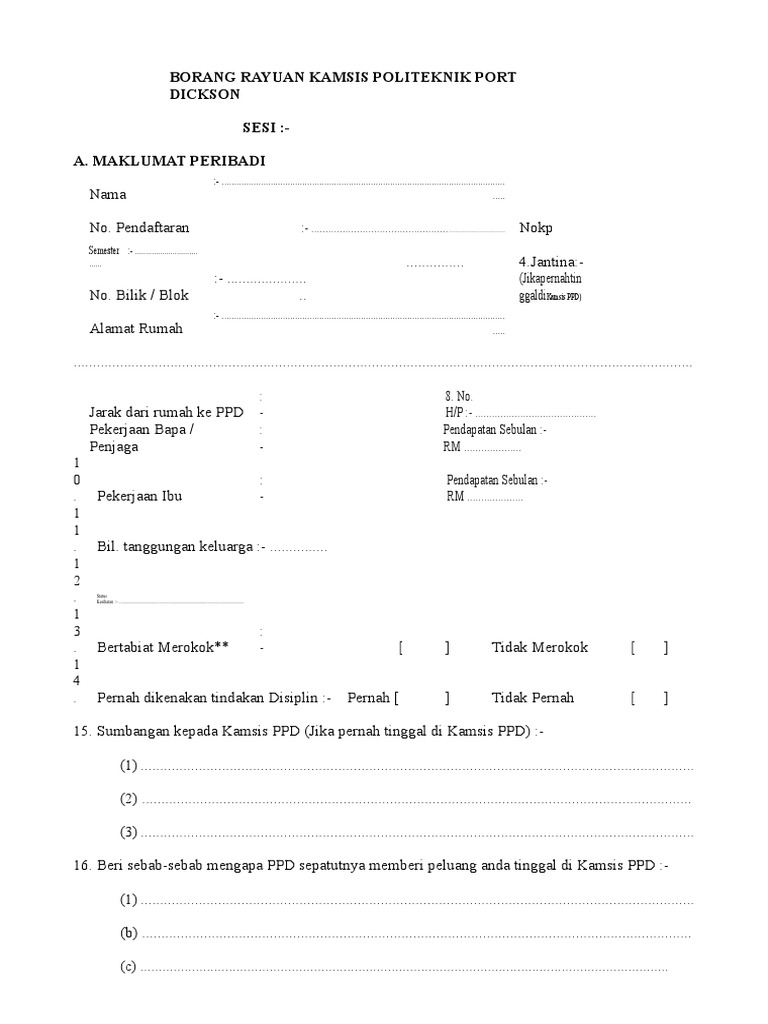 Borang Rayuan Kamsis Politeknik Port Dickson 0 Pdf