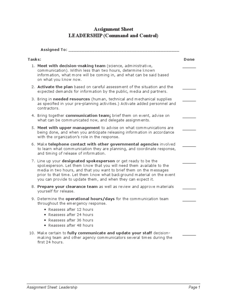 Leadership Assignment Sheet for Crisis Management | PDF