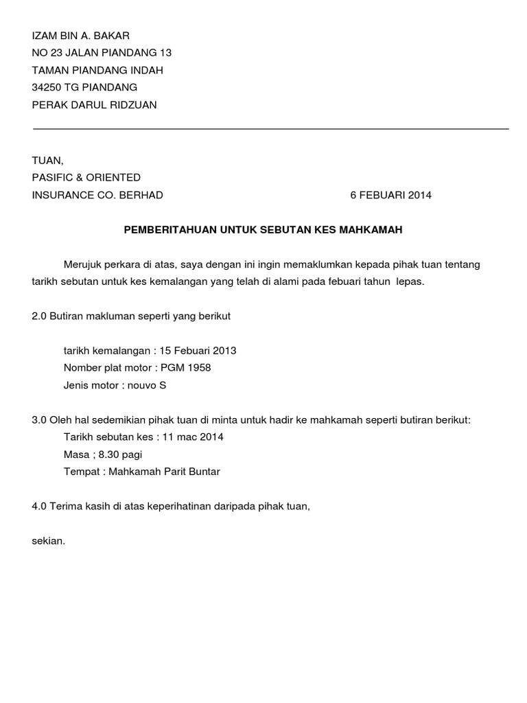 Surat Sebutan Kes Pdf