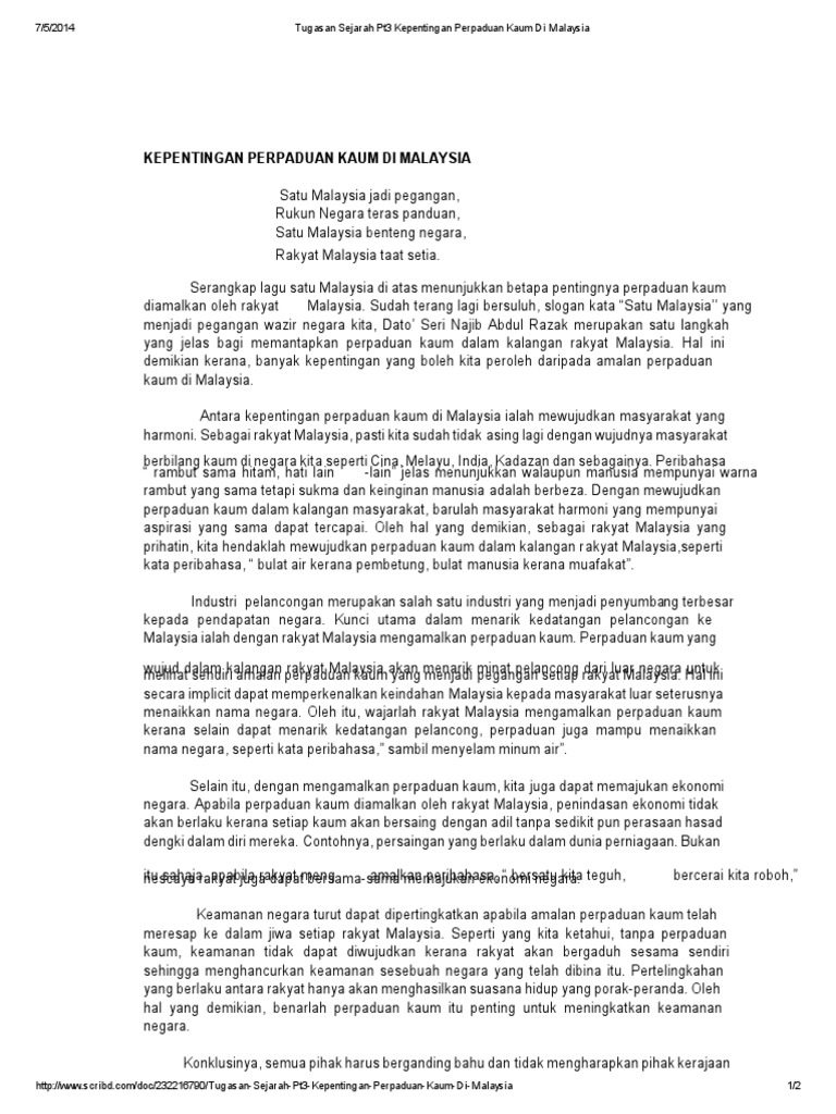 Tugasan Sejarah Pt3 Kepentingan Perpaduan Kaum Di Malaysia