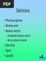 Definitions: - Pharmacovigilance - Adverse Event - Adverse Reaction