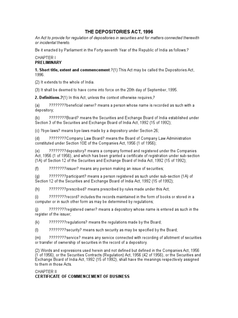 Overview of the Depositories Act, 1996 | PDF | Securities (Finance ...