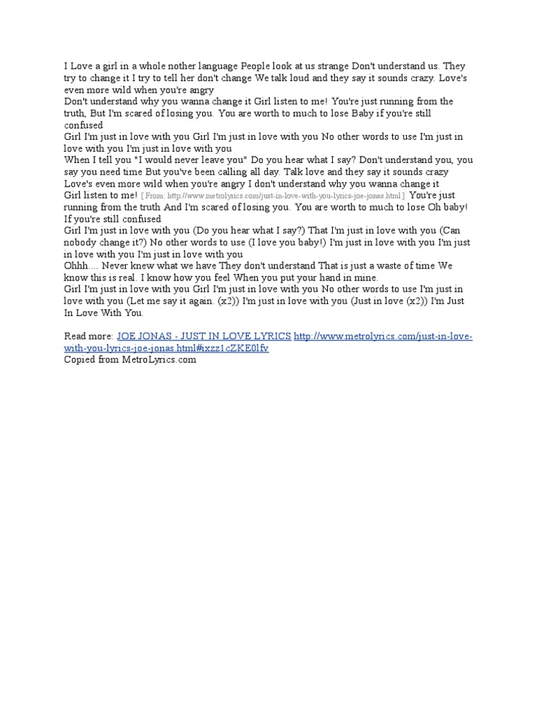 Joe Jonas Just in Love (Dalszöveg) PDF Leisure