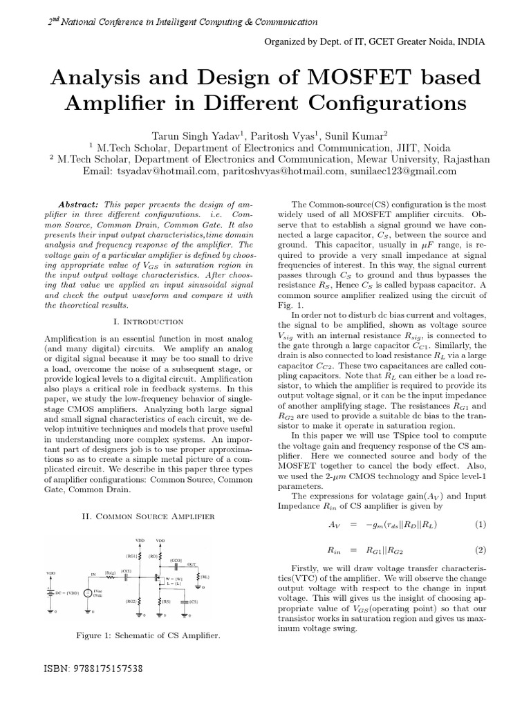 Analysis and Design of MOSFET Based Amplifier in Different