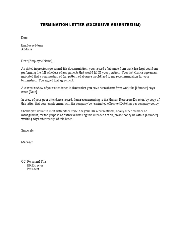 Termination Letter (Excessive Absenteeism) PDF