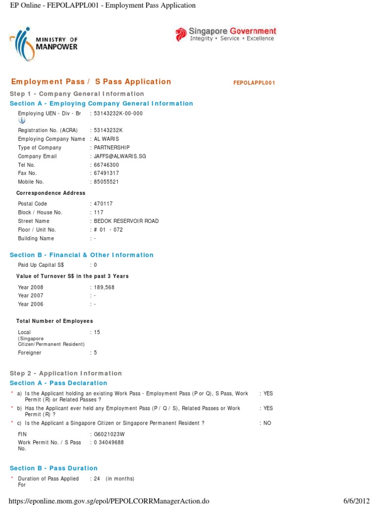 Employment Pass Application Details | PDF | Singapore | World Politics