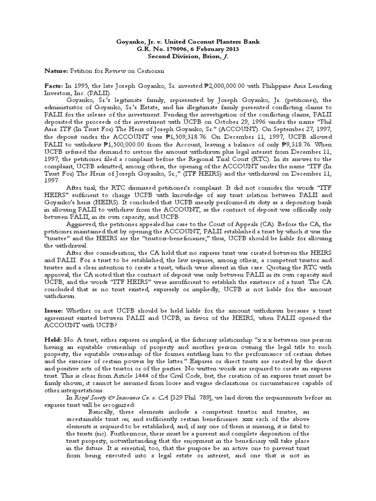 Digest Goyanko, JR V United Coconut Planters Bank PDF Trust Law
