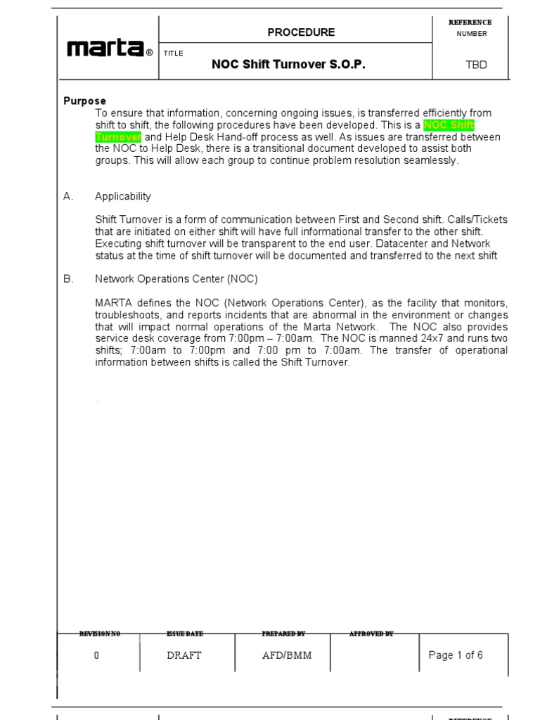 Noc Shift Turnover Sop Derricks Format Enid Edition Help Desk