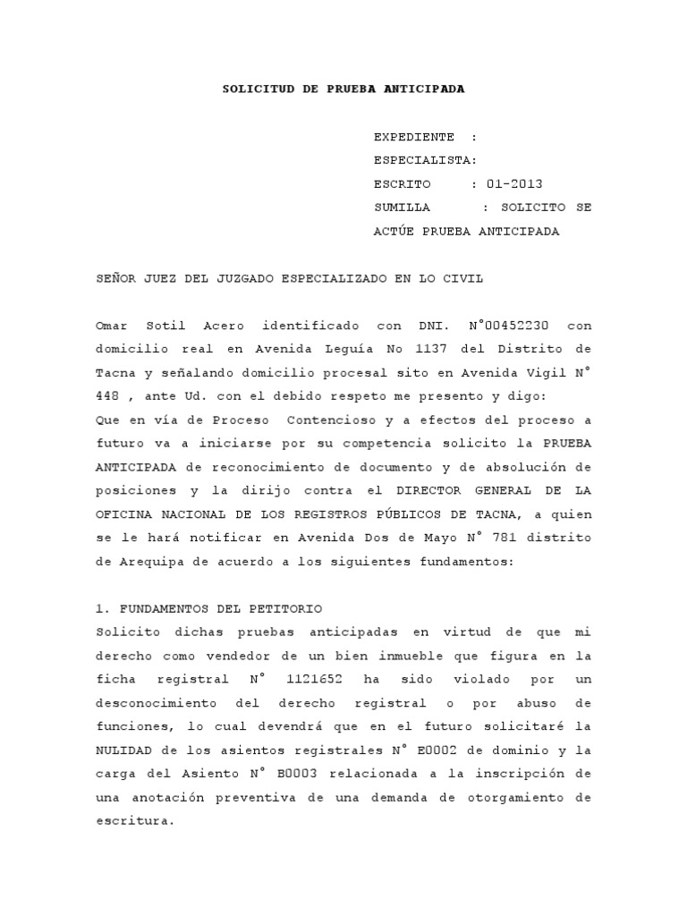 Solicitud De Prueba Anticipada Pdf Posesion Ley Propiedad