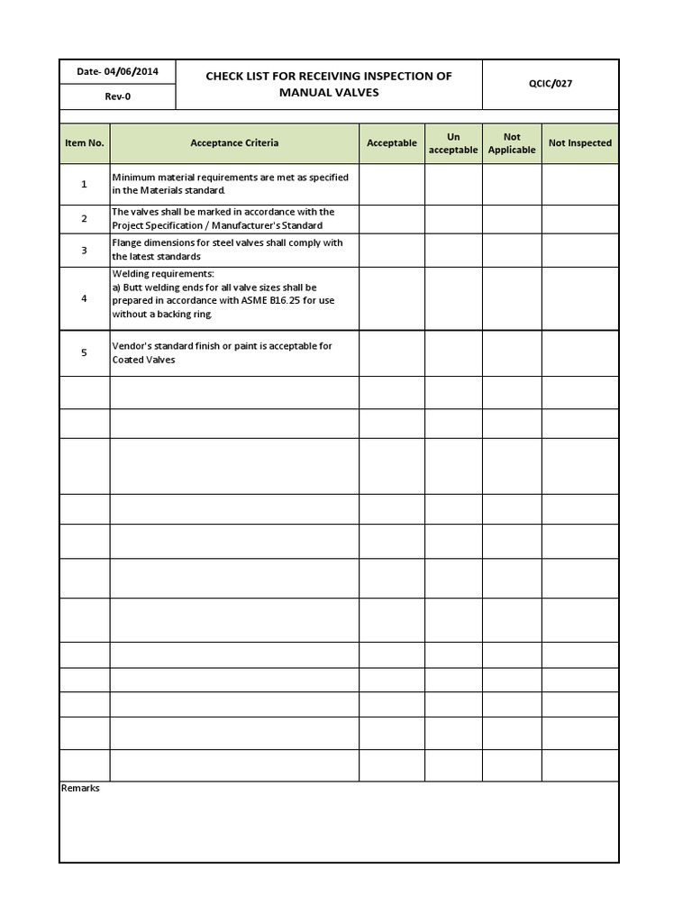 Manual Valves Receiving Inspection Checklist | PDF | Computers