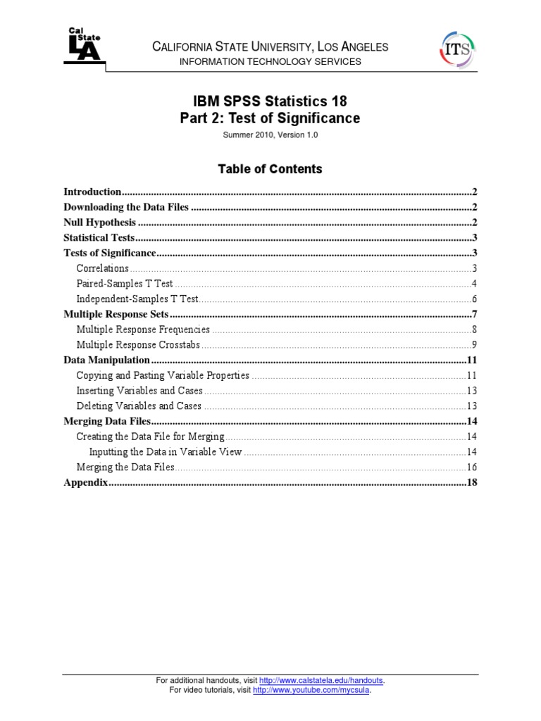Ibm Spss Statistics 18 Part 2 Test Of Significance C S U L A Pdf