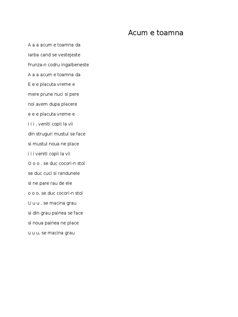 Aaa Acum E Toamna Da Versuri Cantece Pentru Copii | PDF