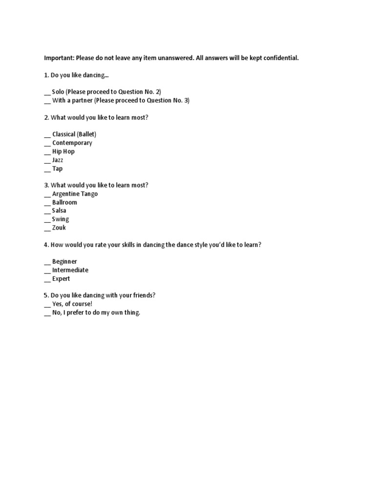 Dance Style Preference Survey | PDF