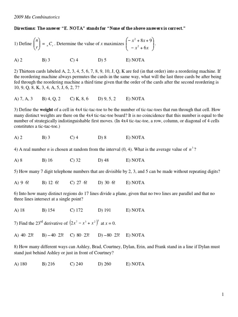 2009 Combinatorics Test (Mu) Combinatorics Discrete Mathematics