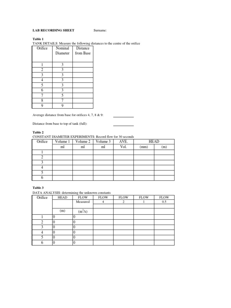 Lab Recording Sheet for Flow Experiments | PDF | Flow Measurement ...