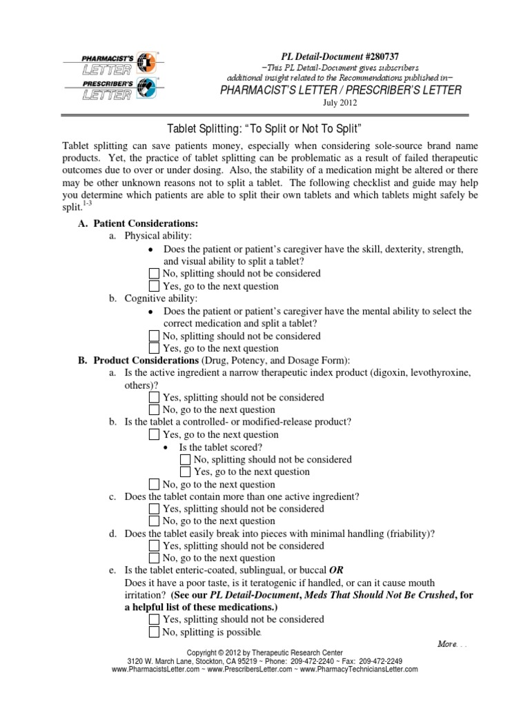 Tablet Splitting To Split or Not to Split Tablet (Pharmacy