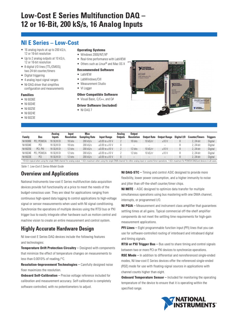 Low-Cost E Series Multifunction DAQ - 12 or 16-Bit, 200 KS/S, 16 Analog ...