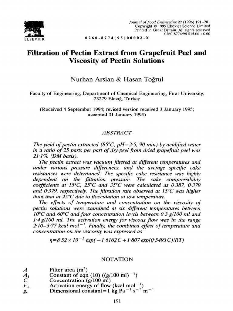 Filtration of Pectin Extract From Grapefruit Peel and Viscosity of