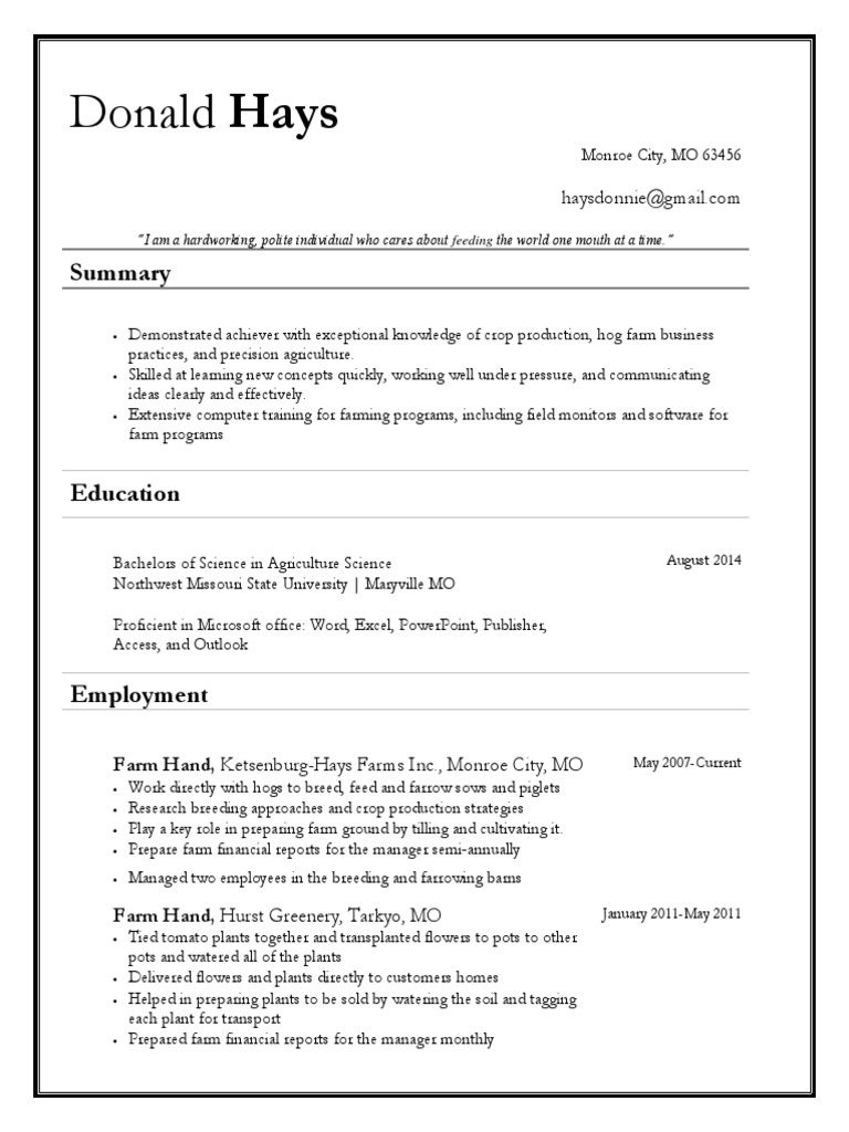 Agriculture Professional Resume Summary | PDF | Career & Growth