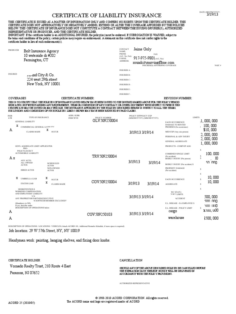 Certificate of Liability Insurance Details | PDF | Insurance ...